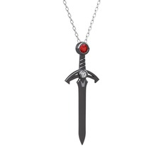 Kılıç Kolye - Garnet ve swarovski 925 ayar siyah rodyum kaplama gümüş kolye (40 cm beyaz altın rolo zincir) #1h90d0