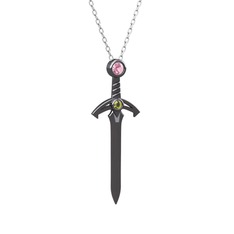 Pembe kuvars ve peridot 925 ayar siyah rodyum kaplama gümüş kolye (40 cm beyaz altın rolo zincir)