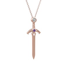 Kılıç Kolye - Beyaz zirkon ve ametist 8 ayar rose altın kolye (40 cm rose altın rolo zincir) #1i8dtud