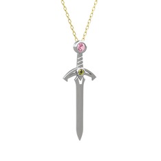 Kılıç Kolye - Pembe kuvars ve peridot 14 ayar beyaz altın kolye (40 cm altın rolo zincir) #1ii79zy