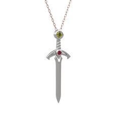 Kılıç Kolye - Peridot ve kök yakut 14 ayar beyaz altın kolye (40 cm rose altın rolo zincir) #1iu4n2i