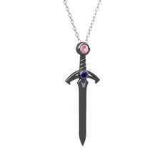 Kılıç Kolye - Pembe kuvars ve lab safir 925 ayar siyah rodyum kaplama gümüş kolye (40 cm beyaz altın rolo zincir) #1jsi1nx
