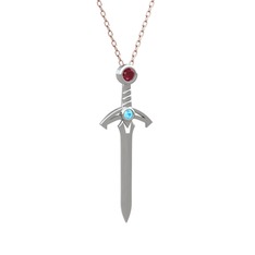 Kök yakut ve akuamarin 18 ayar beyaz altın kolye (40 cm rose altın rolo zincir)