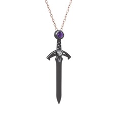 Kılıç Kolye - Ametist ve swarovski 925 ayar siyah rodyum kaplama gümüş kolye (40 cm gümüş rolo zincir) #1kmjzxf