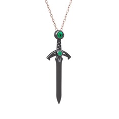 Kılıç Kolye - Yeşil kuvars ve kök zümrüt 925 ayar siyah rodyum kaplama gümüş kolye (40 cm rose altın rolo zincir) #1kxa3as