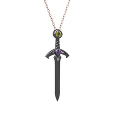 Peridot ve ametist 925 ayar siyah rodyum kaplama gümüş kolye (40 cm rose altın rolo zincir)