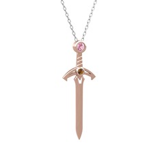 Kılıç Kolye - Pembe kuvars ve dumanlı kuvars 14 ayar rose altın kolye (40 cm beyaz altın rolo zincir) #1lc2mds