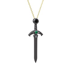 Kılıç Kolye - Siyah zirkon ve yeşil kuvars 925 ayar siyah rodyum kaplama gümüş kolye (40 cm altın rolo zincir) #1lze55s