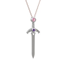 Pembe kuvars ve ametist 14 ayar beyaz altın kolye (40 cm rose altın rolo zincir)