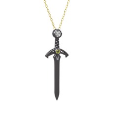 Kılıç Kolye - Pırlanta ve peridot 925 ayar siyah rodyum kaplama gümüş kolye (0.08 karat, 40 cm altın rolo zincir) #1m8fso2