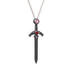 Pembe kuvars ve garnet 925 ayar siyah rodyum kaplama gümüş kolye (40 cm rose altın rolo zincir)