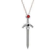 Kılıç Kolye - Garnet ve siyah zirkon 8 ayar beyaz altın kolye (40 cm rose altın rolo zincir) #1mywjcl