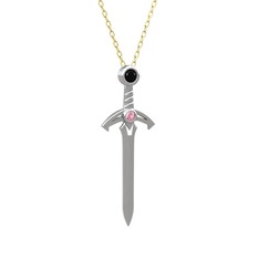 Kılıç Kolye - Siyah zirkon ve pembe kuvars 18 ayar beyaz altın kolye (40 cm altın rolo zincir) #1n4w81n