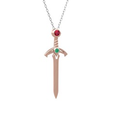 Rodolit garnet ve kök zümrüt 8 ayar rose altın kolye (40 cm gümüş rolo zincir)
