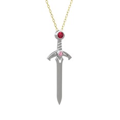 Kılıç Kolye - Rodolit garnet ve pembe kuvars 8 ayar beyaz altın kolye (40 cm altın rolo zincir) #1owgyt4