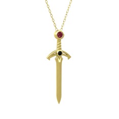 Kılıç Kolye - Kök yakut ve siyah zirkon 18 ayar altın kolye (40 cm altın rolo zincir) #1p54bc0