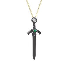 Kılıç Kolye - Swarovski ve yeşil kuvars 925 ayar siyah rodyum kaplama gümüş kolye (40 cm altın rolo zincir) #1p9f3cq