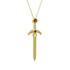 Kılıç Kolye - Dumanlı kuvars ve kök yakut 14 ayar altın kolye (40 cm altın rolo zincir) #1plurqm