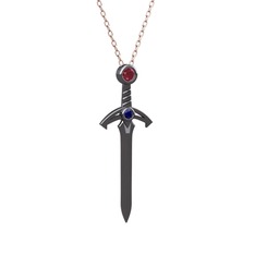 Kılıç Kolye - Kök yakut ve lab safir 925 ayar siyah rodyum kaplama gümüş kolye (40 cm rose altın rolo zincir) #1rfgkfi