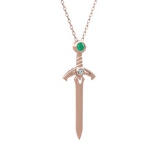 Kılıç Kolye - Kök zümrüt ve beyaz zirkon 18 ayar rose altın kolye (40 cm rose altın rolo zincir) #1rk7yf0
