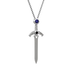Kılıç Kolye - Lab safir ve siyah zirkon 14 ayar beyaz altın kolye (40 cm gümüş rolo zincir) #1rqg5z4