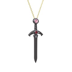 Kılıç Kolye - Pembe kuvars ve kök yakut 925 ayar siyah rodyum kaplama gümüş kolye (40 cm gümüş rolo zincir) #1s125pe