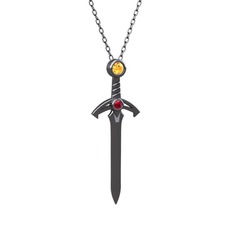 Kılıç Kolye - Sitrin ve rodolit garnet 925 ayar siyah rodyum kaplama gümüş kolye (40 cm gümüş rolo zincir) #1s5buqo