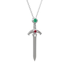 Kılıç Kolye - Kök zümrüt ve rodolit garnet 18 ayar beyaz altın kolye (40 cm beyaz altın rolo zincir) #1swzmx6