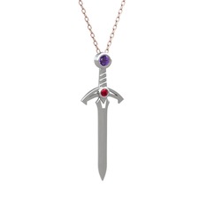 Kılıç Kolye - Ametist ve rodolit garnet 14 ayar beyaz altın kolye (40 cm gümüş rolo zincir) #1sz14rk