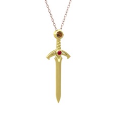 Kılıç Kolye - Dumanlı kuvars ve rodolit garnet 18 ayar altın kolye (40 cm rose altın rolo zincir) #1t1f6bm