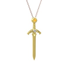 Kılıç Kolye - Sitrin ve beyaz zirkon 8 ayar altın kolye (40 cm gümüş rolo zincir) #1tkcq81