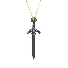 Kılıç Kolye - Peridot ve pırlanta 925 ayar siyah rodyum kaplama gümüş kolye (0.036 karat, 40 cm gümüş rolo zincir) #1udcu9g