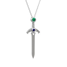 Kılıç Kolye - Yeşil kuvars ve lab safir 14 ayar beyaz altın kolye (40 cm gümüş rolo zincir) #1wfhf26