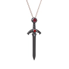 Kılıç Kolye - Kök yakut ve garnet 925 ayar siyah rodyum kaplama gümüş kolye (40 cm gümüş rolo zincir) #1x9g5rp