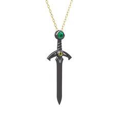 Kılıç Kolye - Yeşil kuvars ve peridot 925 ayar siyah rodyum kaplama gümüş kolye (40 cm altın rolo zincir) #1xmpawn