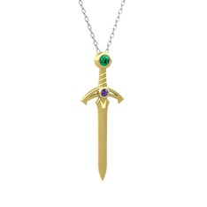Kılıç Kolye - Yeşil kuvars ve ametist 14 ayar altın kolye (40 cm gümüş rolo zincir) #1y7tc0d