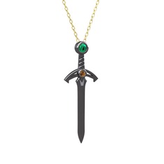 Kılıç Kolye - Yeşil kuvars ve dumanlı kuvars 925 ayar siyah rodyum kaplama gümüş kolye (40 cm altın rolo zincir) #1yczztq