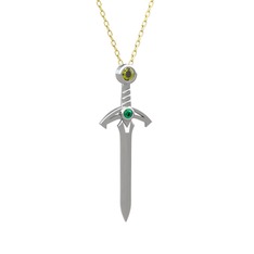Peridot ve yeşil kuvars 14 ayar beyaz altın kolye (40 cm gümüş rolo zincir)