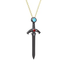 Kılıç Kolye - Akuamarin ve garnet 925 ayar siyah rodyum kaplama gümüş kolye (40 cm altın rolo zincir) #1ymmw8h