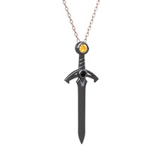 Kılıç Kolye - Sitrin ve siyah zirkon 925 ayar siyah rodyum kaplama gümüş kolye (40 cm rose altın rolo zincir) #1yqwl2d