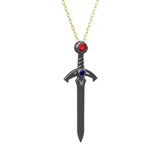 Kılıç Kolye - Garnet ve lab safir 925 ayar siyah rodyum kaplama gümüş kolye (40 cm altın rolo zincir) #1yyvndn