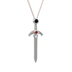 Siyah zirkon ve garnet 18 ayar beyaz altın kolye (40 cm rose altın rolo zincir)
