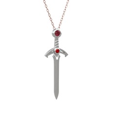 Kılıç Kolye - Kök yakut ve garnet 14 ayar beyaz altın kolye (40 cm rose altın rolo zincir) #2imyct