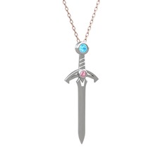Kılıç Kolye - Akuamarin ve pembe kuvars 14 ayar beyaz altın kolye (40 cm rose altın rolo zincir) #3jnfgi
