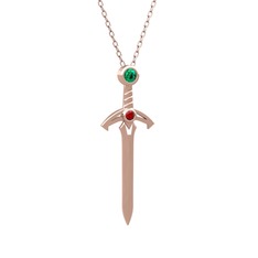 Kılıç Kolye - Yeşil kuvars ve garnet 18 ayar rose altın kolye (40 cm gümüş rolo zincir) #3z46b4
