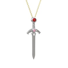 Kılıç Kolye - Garnet ve pembe kuvars 8 ayar beyaz altın kolye (40 cm altın rolo zincir) #4s9hzc