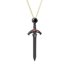 Kılıç Kolye - Siyah zirkon ve garnet 925 ayar siyah rodyum kaplama gümüş kolye (40 cm altın rolo zincir) #4zfll5
