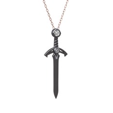 Beyaz zirkon ve pırlanta 925 ayar siyah rodyum kaplama gümüş kolye (0.036 karat, 40 cm rose altın rolo zincir)