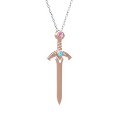 Pembe kuvars ve akuamarin 8 ayar rose altın kolye (40 cm beyaz altın rolo zincir)