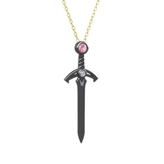 Kılıç Kolye - Pembe kuvars ve beyaz zirkon 925 ayar siyah rodyum kaplama gümüş kolye (40 cm gümüş rolo zincir) #5pjgka